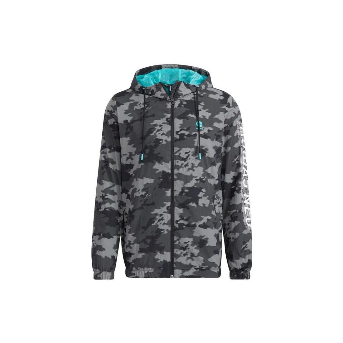 Men s adidas neo Camouflage Alphabet Stripe Woven Athleisure Casual Sports Hooded Jacket Black HC9707 L