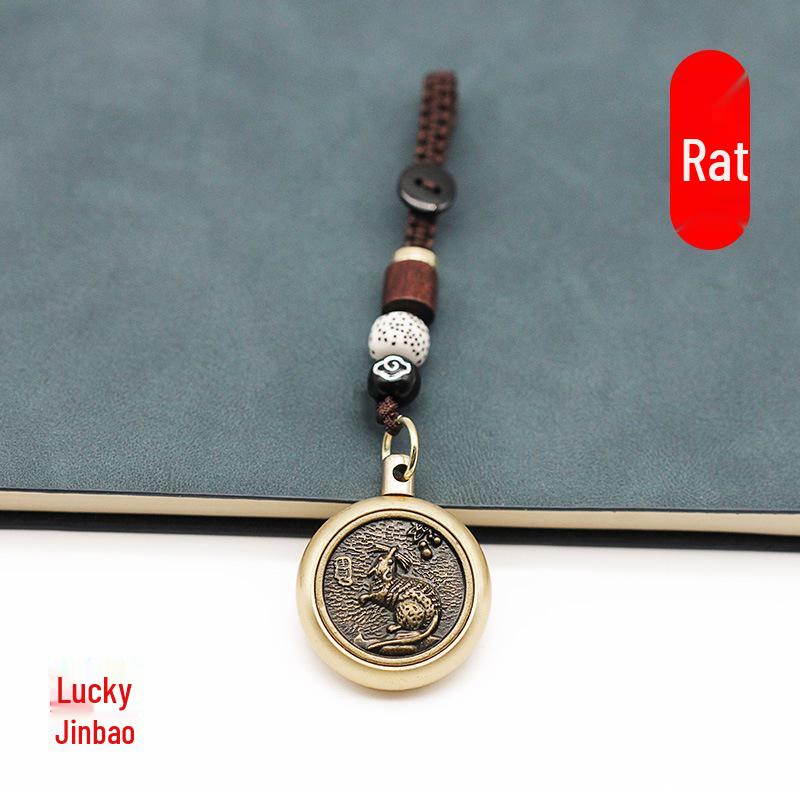 Rotating Brass Zodiac Signs Vermilion Gourd Keychain for Wealth & Treasures