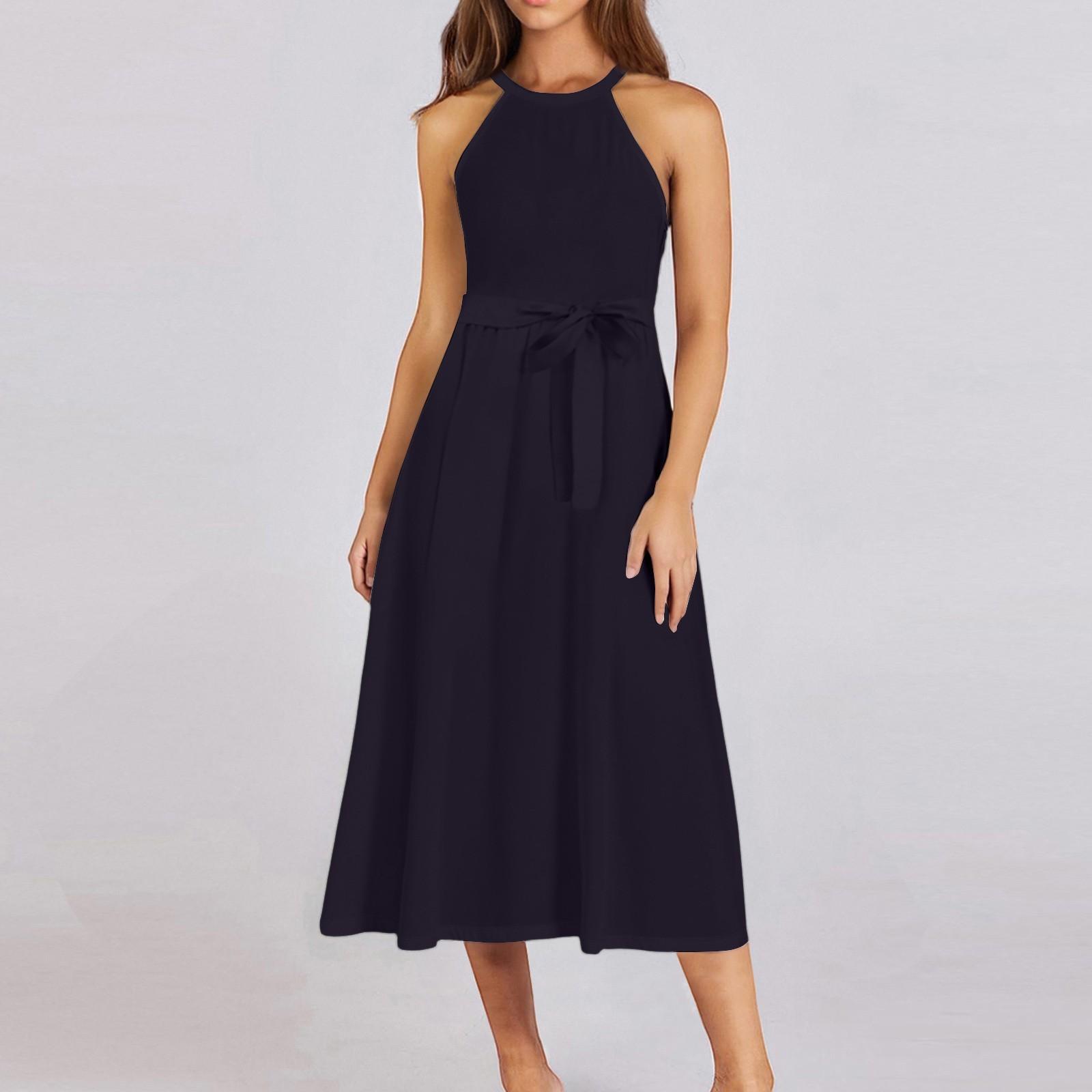 

Женское повседневное платье миди с круглым вырезом, классическое, повседневное, без рукавов, свободное платье в стиле бохо с завязками, летний пляжный сарафан XL чёрный