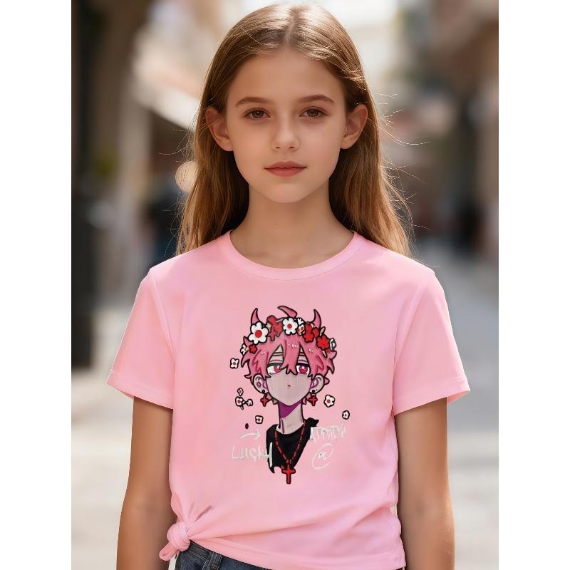 European Sizes Girls' Casual Short-Sleeve T-Shirt with Anime Demon Boy Print, Kids' Summer Casual Fashion Top