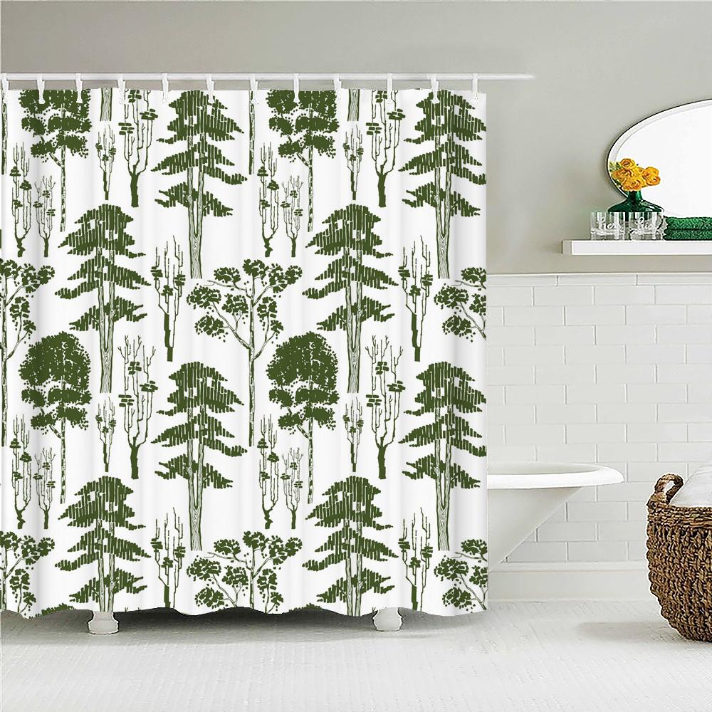 High Quality Blue Fresh leaf Printed Fabric Shower Curtain Plant Leaves Bath Screen Waterproof Bathroom Decor with Hooks