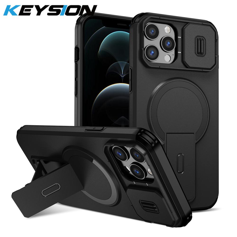 KEYSION Shockproof Magnetic Case for iPhone 11 12 Pro Max Slide Camera Lens Protect Kickstand Wireless Charging Phone Back Cover