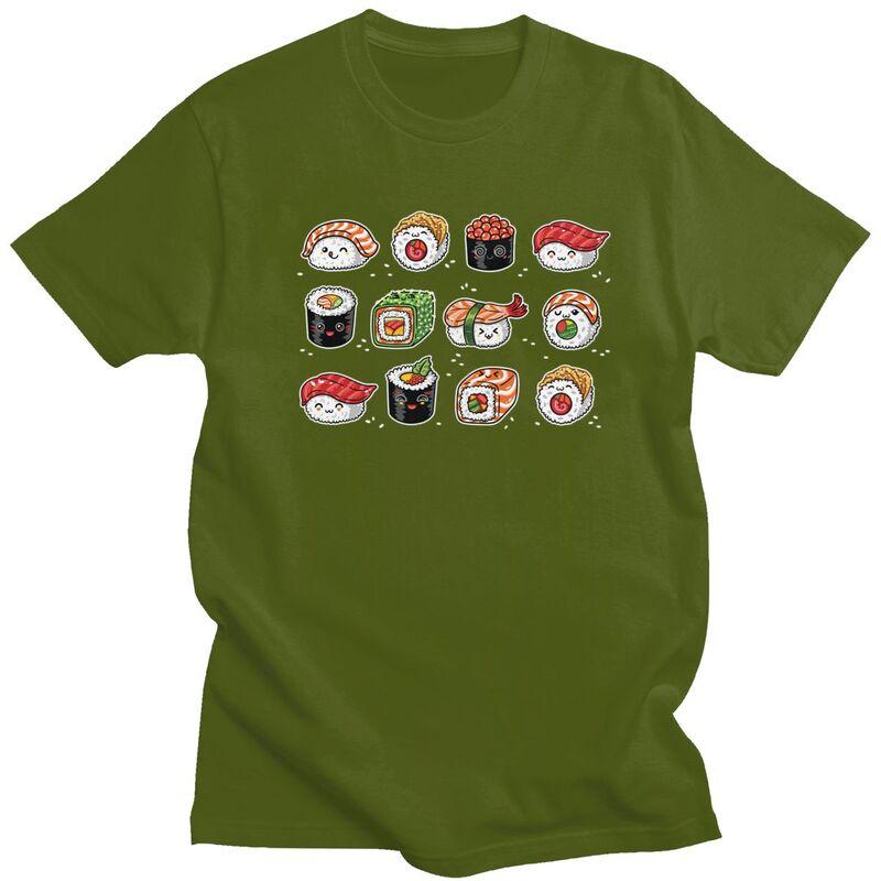 Custom Kawaii Rolls And Sushi Tshirt for Men Short Sleeves Leisure T Shirt Japanese Food Cartoon Manga Tshirt Pure Cotton Tee