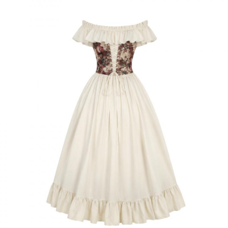 French ruffle edge waist embroidered long dress halloween cos dress medieval retro dress cosplay