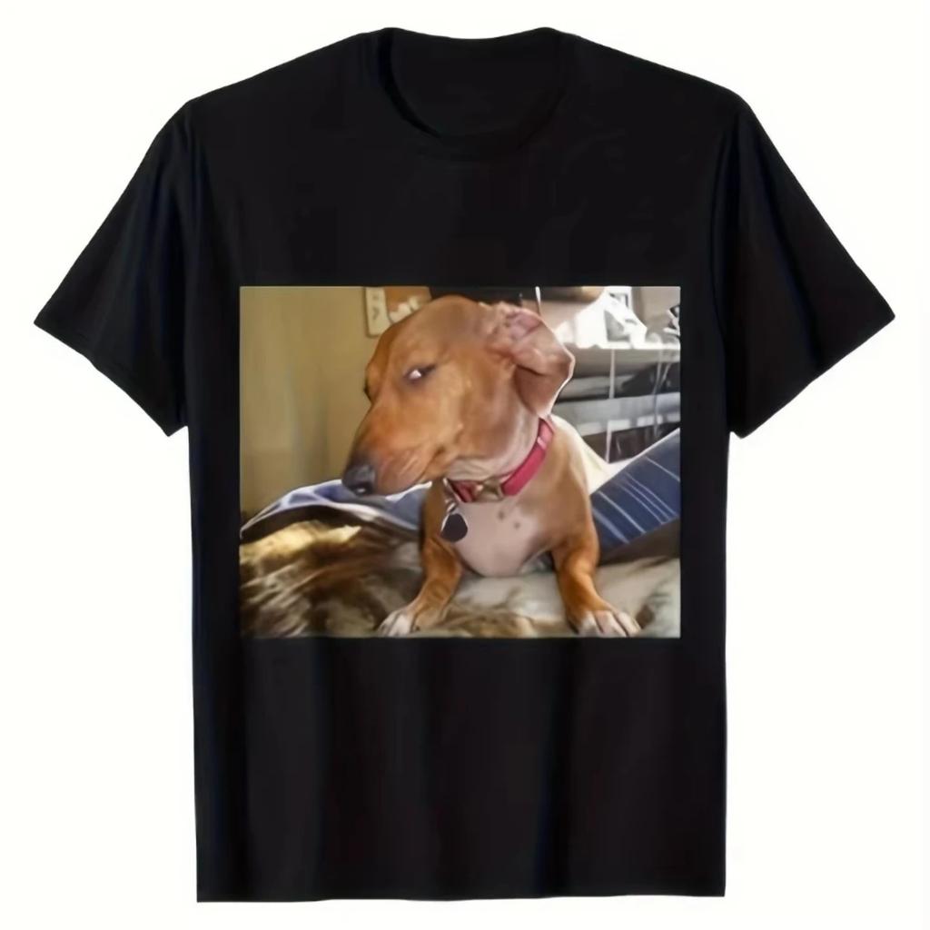 Funny Exaggerated Side-Eye Dog Pattern Unisex T-Shirt Casual Short Sleeve Black Crew Neck Soft Fabric for Leisure Wear