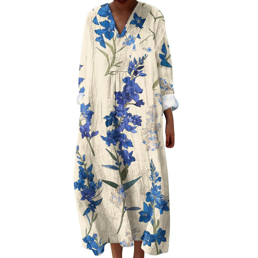 Women's Casual And Fashionable V-Veck Flower Print Long Sleeved Dress Long Sleeved Dress