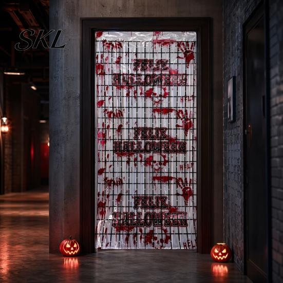 Decorative Hanging Curtain Halloween Red Handprint Door Curtain, Creepy Hand Prints Decoration, Backdrop for Halloweens, Haunted House, Horror