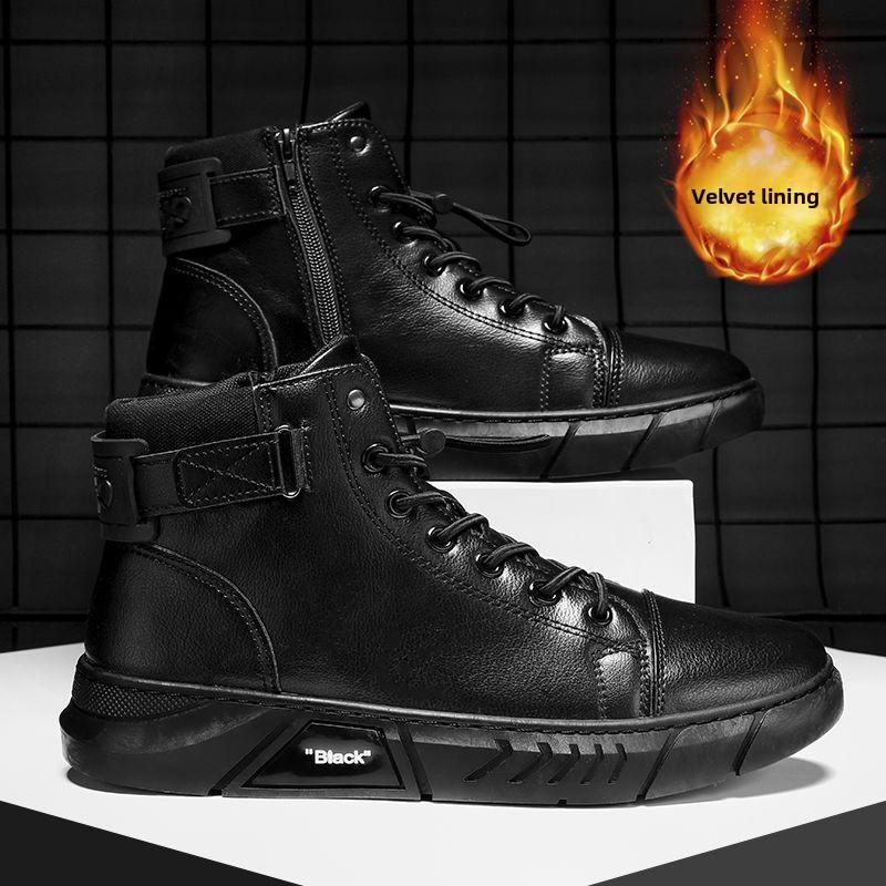 Fashion High Top Men's Leather Boots British Style Platform Boots for Men Fleece and Warm Soft Soled Men's Boots Resistant Shoes