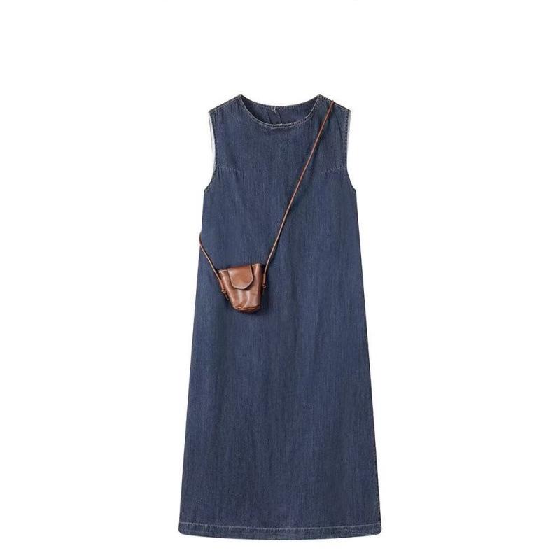 

Retro Korean Style Sleeveless Denim Maxi Dress with Round Neck – Slimming and Loose Fit for Women Small синий