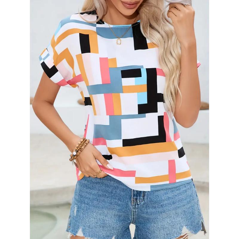 Sommer Vintage Damen T-Shirt Kurzarm Linienprint Caual Rundhals Pullover Mode Streetshirt Damen Übergröße Kleidung