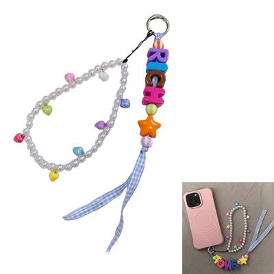 Colorful Acrylic Letter Bead Phone Strap Keychain Imitation Pearls Beaded Keyring Handmade Beaded Cellphone Lanyard