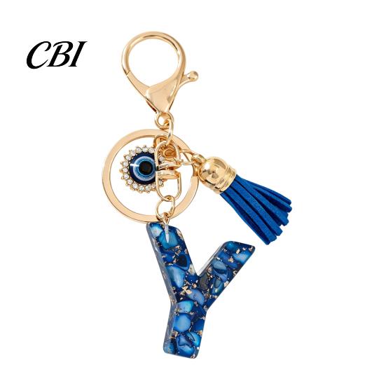 Portable Key Organizer Blue Series Keychain Pendant, Initial Letter Charm Chain with Eyes Tassel Design, A-Z Holder for Bags Backpacks Cars