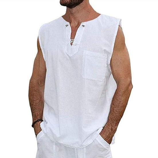 

Мужские летние майки с v-образным вырезом на шнуровке, однотонные рубашки без рукавов, топы, свободные футболки с накладными карманами, уличная одежда M белый