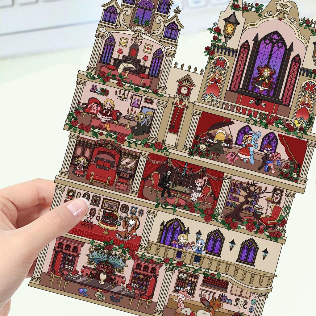 Kreslené krajinné samolepky Vícenásobný miniaturní svět 3D chata Rozbalit DIY scéna Ruční příspěvek