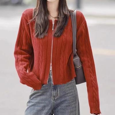 Short Twist Zipper Knitted Cardigan Sweater Jacket Autumn Wear Niche Design Outer Top Women