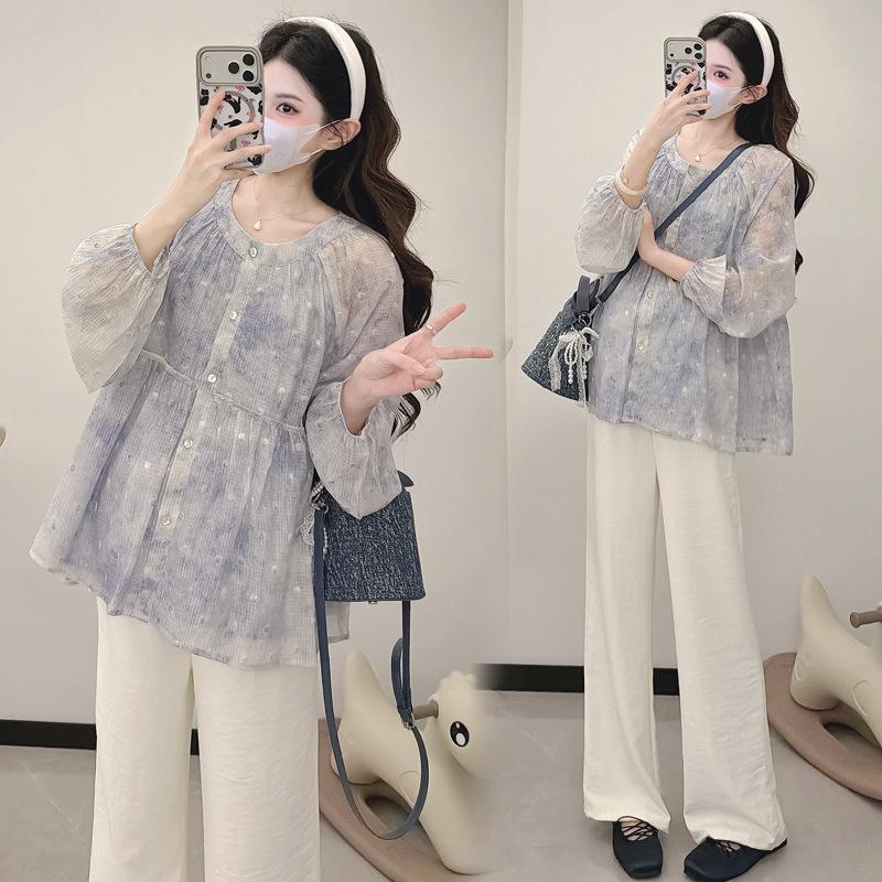Spring Maternity Jacquard Polka Dot Top & Wide Leg Pants Set M