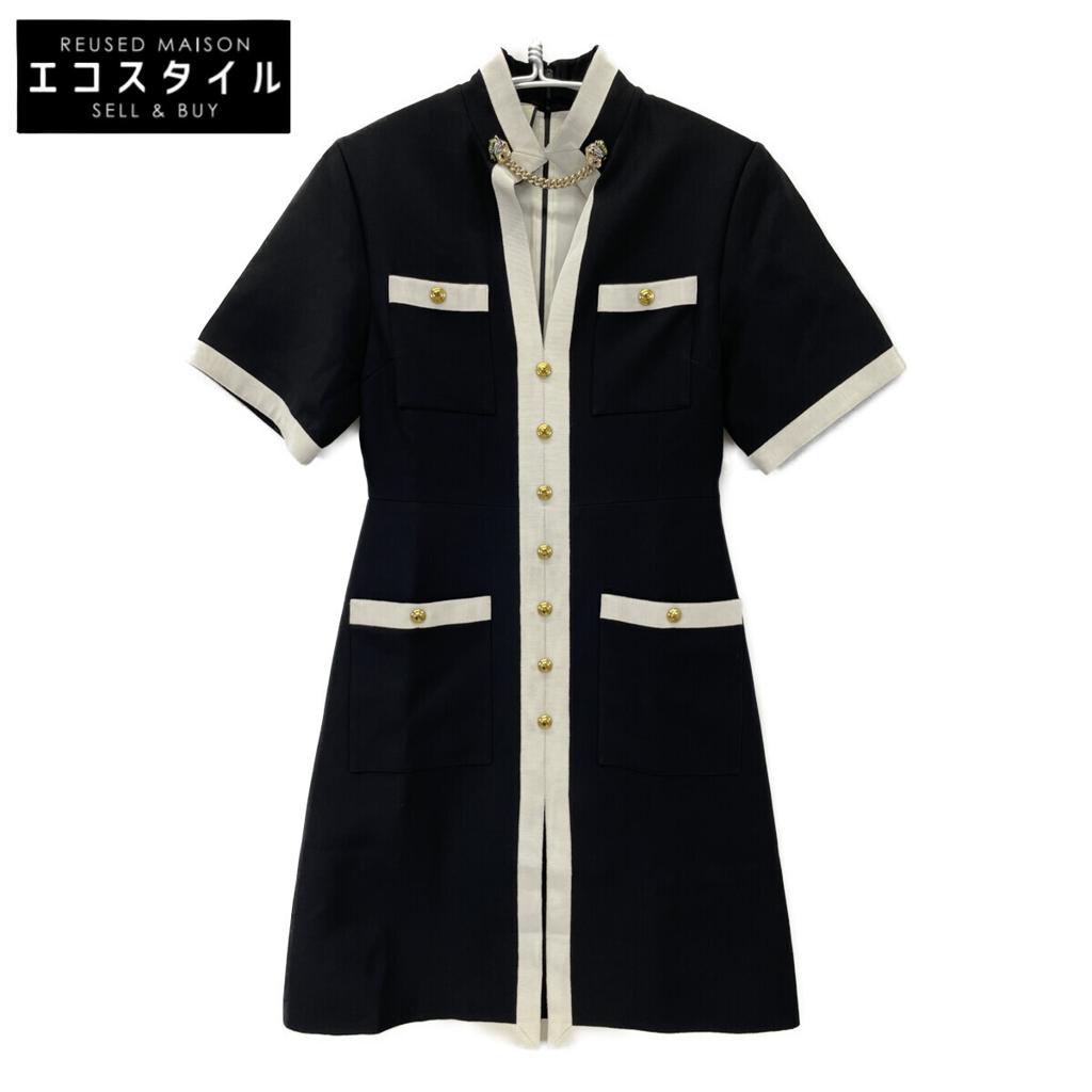 GUCCI 550372 18 Year Black Michele Period Tiger Head Chain Belt with Gold Buttons Short Sleeve Shirt Dress dress 38 blackUsed