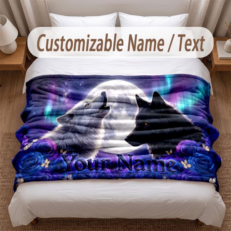 Wolf Theme Soft Blanket Personalized Custom Name Text Print Warm Blanket Home Sofa Bedroom Decor