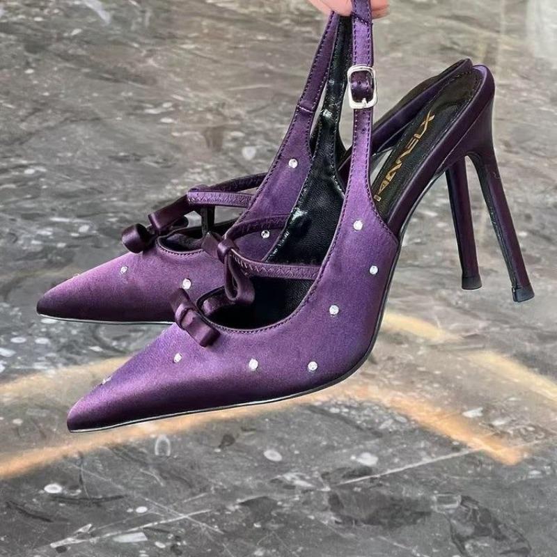 Fashion Women's New Bao Toe Sandals Pointy Shallow Mouth Butterfly Knot Glitter Line with Anti-slip Wear-resistant High Heels