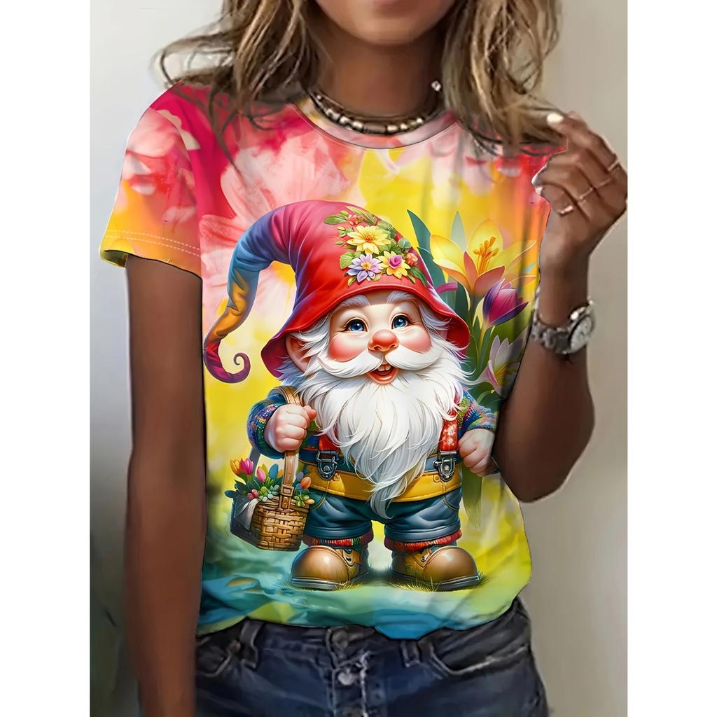Bee Genie Gnomes Printed Women's T-shirt Comfortable Round Neck Short-sleeved Summer Style Casual Women's Clothing