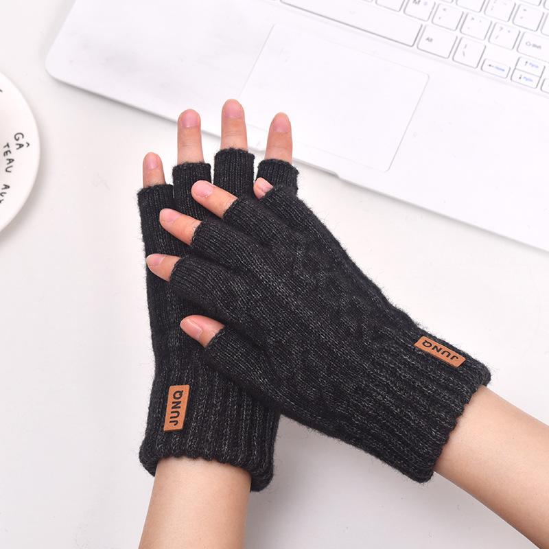 Men's Half-finger Thickened Thermal Gloves Knitted Leaking Fingers Office Student Brushed Imitation Cashmere Broken Finger Solid Color Gloves