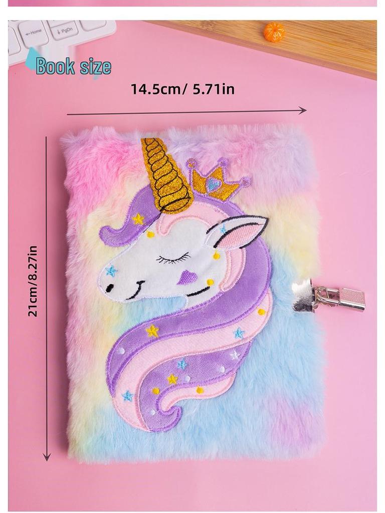 Cartoon Unicorn Tie-Dye Plush Lockable Diary for Girls