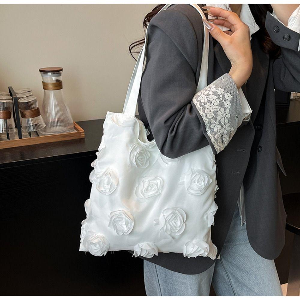 Lightweight Flower Tote Bag Large Capacity Nylon Cloth Handbag Casual Canvas Bag Vacation