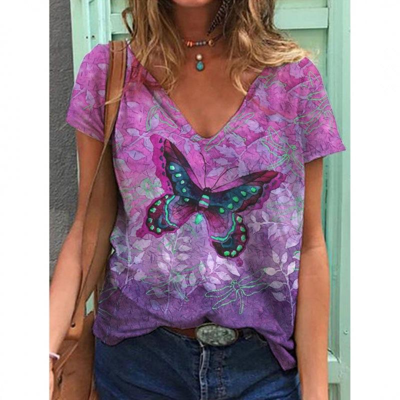 V-neck T Shirts Street 3D Printed Tees Short Sleeved Floral Bird Loose T-shirt for Women