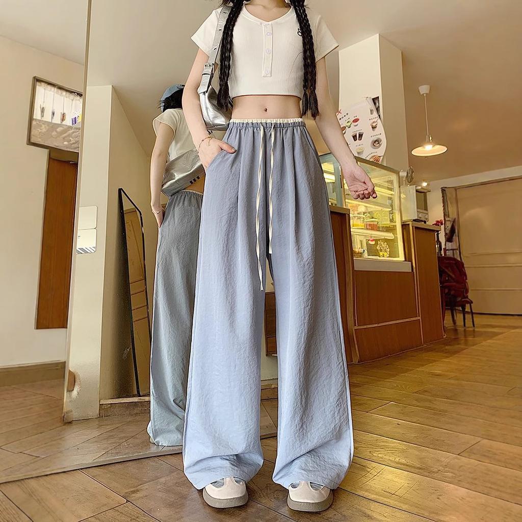 Design Contrasting Color Thin Ice Silk Wide-leg Pants for Women In Summer New Texture Straight-leg Casual Pants