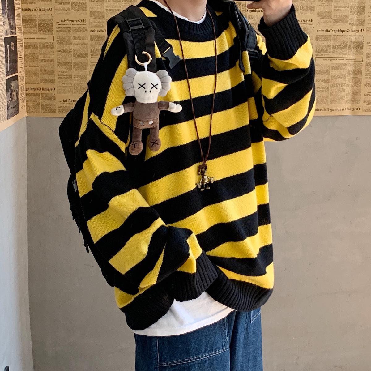 

Осенне-зимний мужской повседневный модный полосатый свитер, свободный вязаный свитер с круглым вырезом для пар XL чёрный/жёлтый