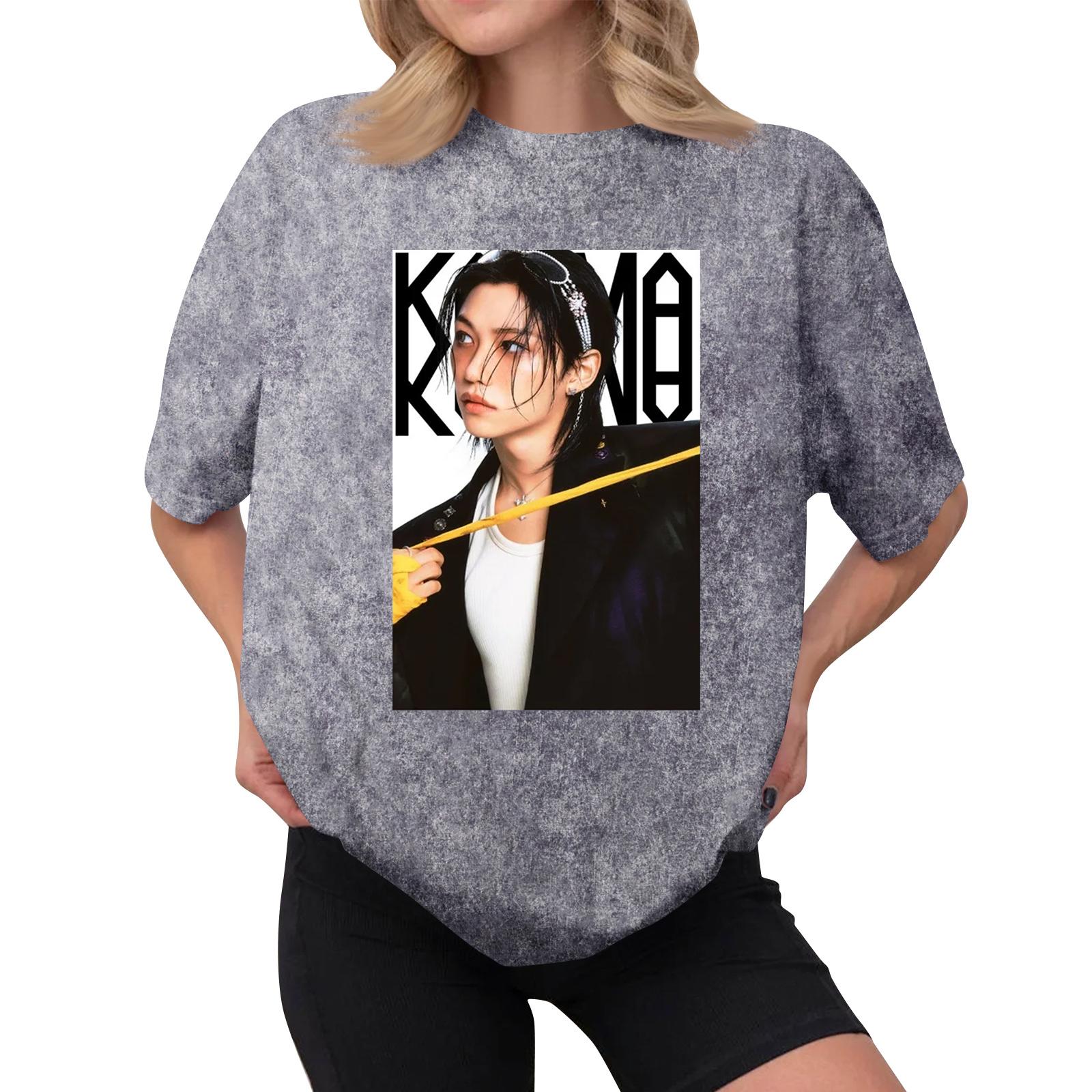 

Жіноча повсякденна футболка з принтом і круглим вирізом, пуловер з короткими рукавами M фіолетовий