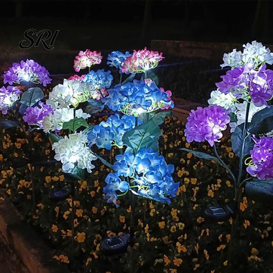 Solar Powered Garden Lamps 3-Head Hydrangea Flower Light with Colorful LEDs Waterproof Outdoor Stake Lights Lamp for Yard Patio Walkway Energy-Saving
