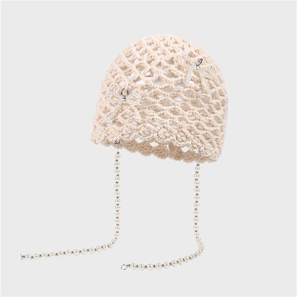 Hollow Out Bow Pearl Beanies Bohemian Style Knit Cap Cute Ethnic Style Hat  Outdoor