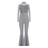Girls Jazz Dance Costume Mock Neck Long Sleeve Cutout Back Sheer Mesh Sequins Bell Bottom Jumpsuit
