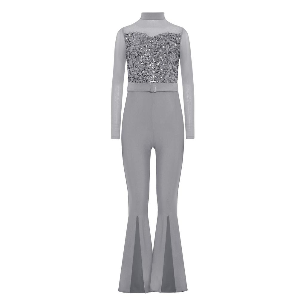 Girls Jazz Dance Costume Mock Neck Long Sleeve Cutout Back Sheer Mesh Sequins Bell Bottom Jumpsuit