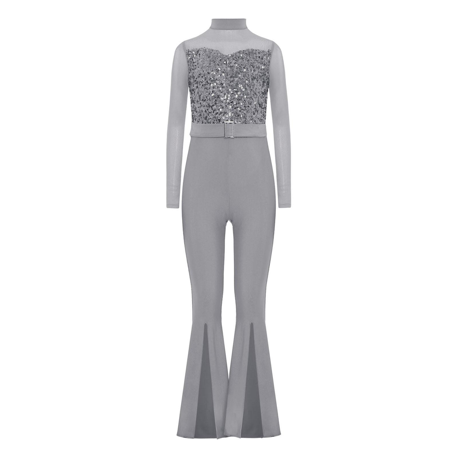 

Дівчачий костюм для джазу з коміром-стійкою, довгими рукавами, вирізом на спині, прозорою сіткою, паєтками та кльошованими штанами 9-10 Years