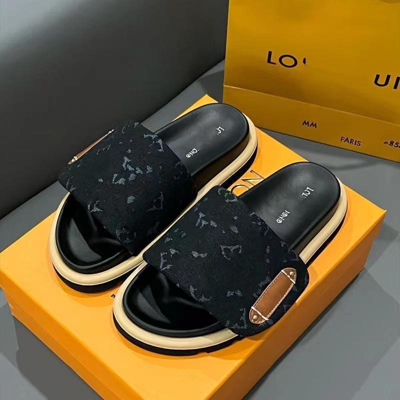 

Thick-soled Velcro slippers for men and women 20 summer wear fashion denim alphabet flip-flops 35 чёрный