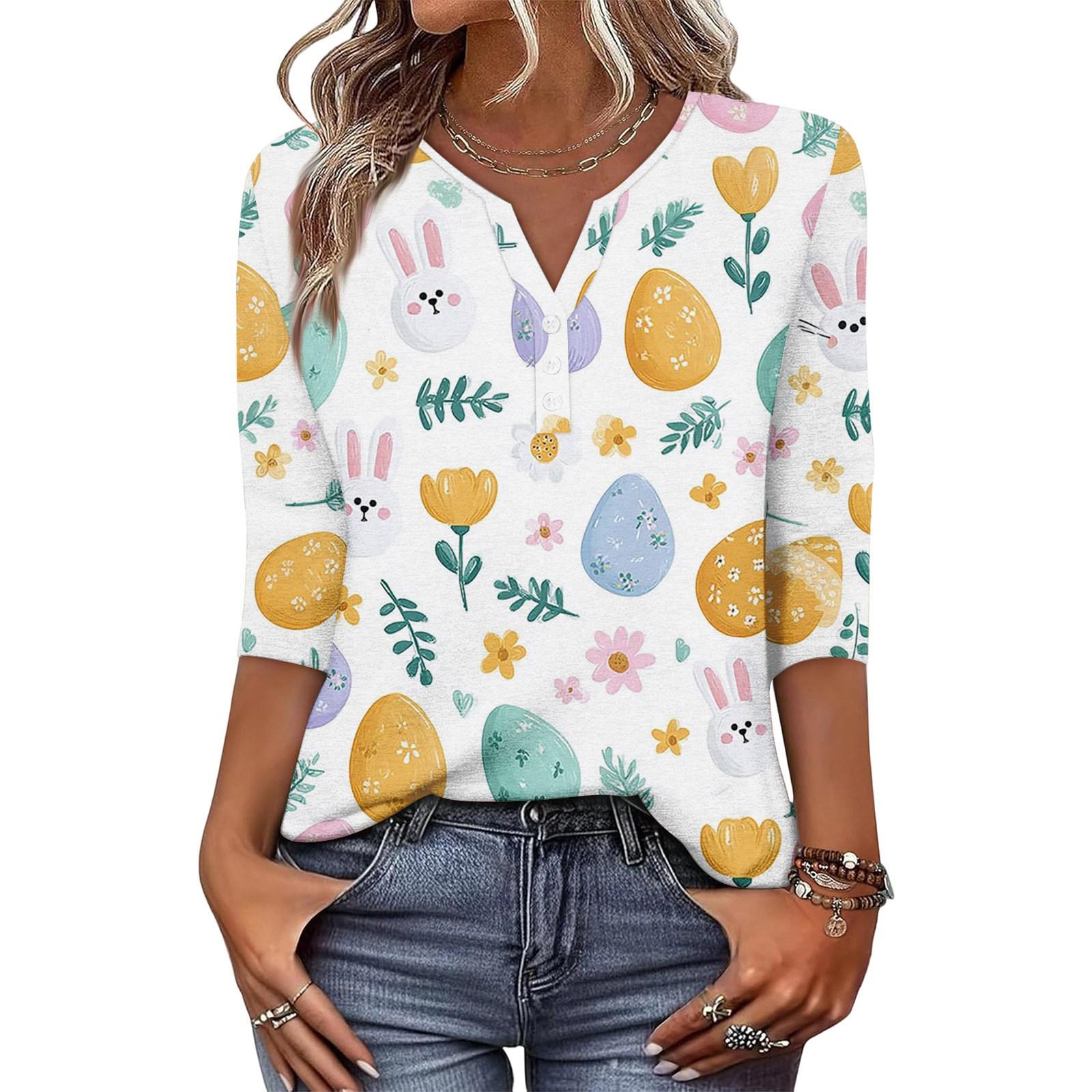Women s Fashionable And Casual Easter Bunny And Egg Print V-neck Button-down Three-Quarter Sleeve T-shirt Top S фиолетовый