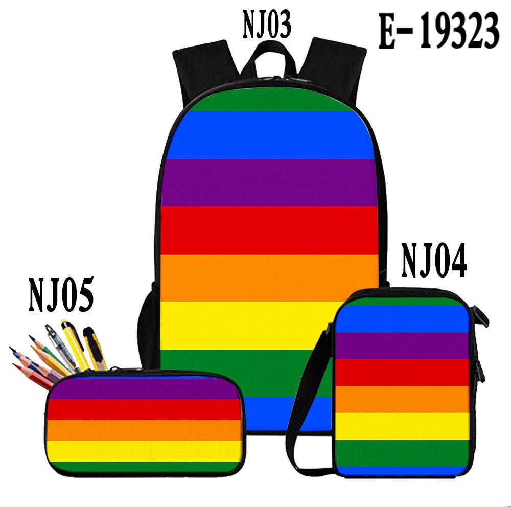 Klassiek Populair Kleurrijk LGBT 3D Print 3 stuks/Set leerling Schooltassen Laptop Dagrugzak Rugzak Schuin gedragen schoudertas Etui One size