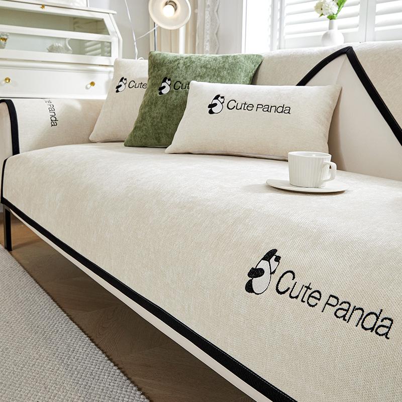 

New Cotton Linen Sofa Cover Solid Colour Embroidered Panda Sofa Cover For Living Room Non-Slip Four Season Universal Sofa Cover 30x50cm pillowcase