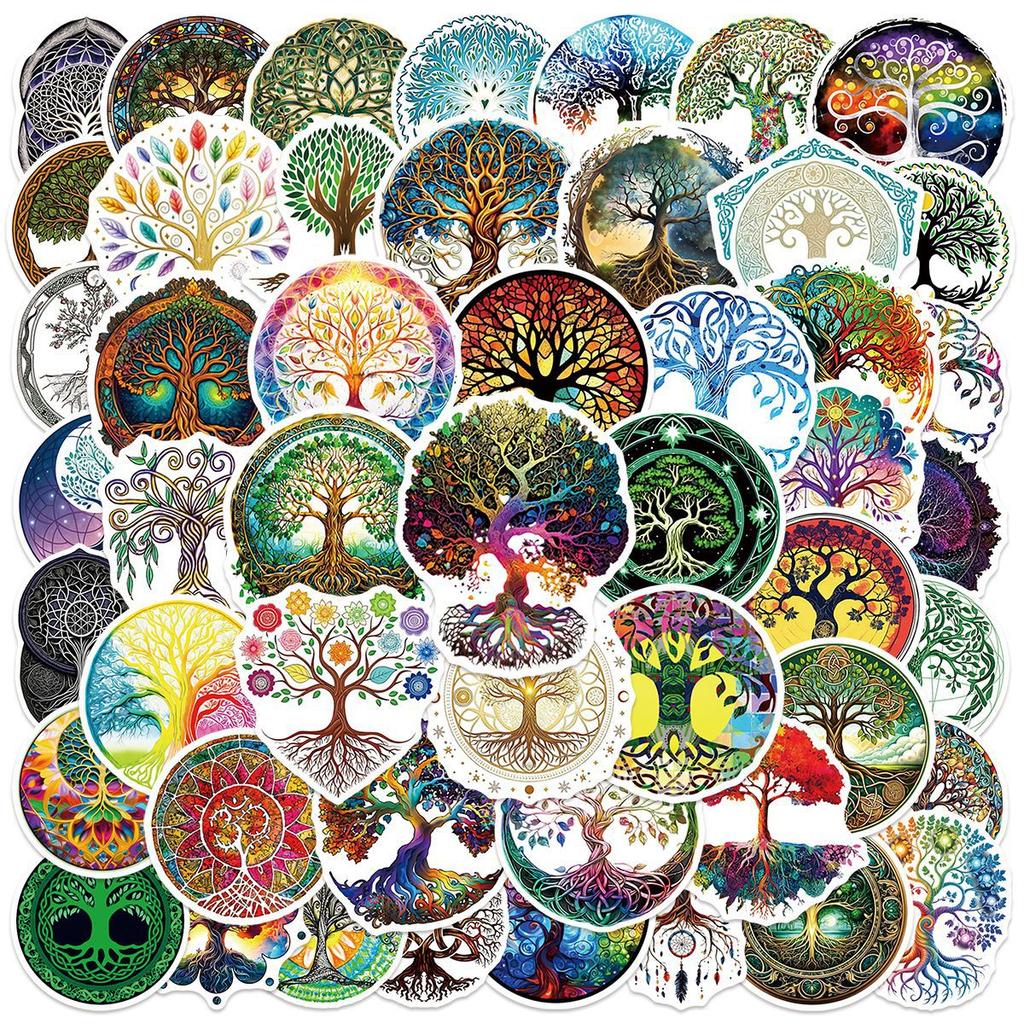 50Pcs Nordic-Style Tree Of Life Graffiti Stickers Retro Pattern Totem Tree Cartoon Decal Diy Luggage Phone Scrapbook Kid Toys