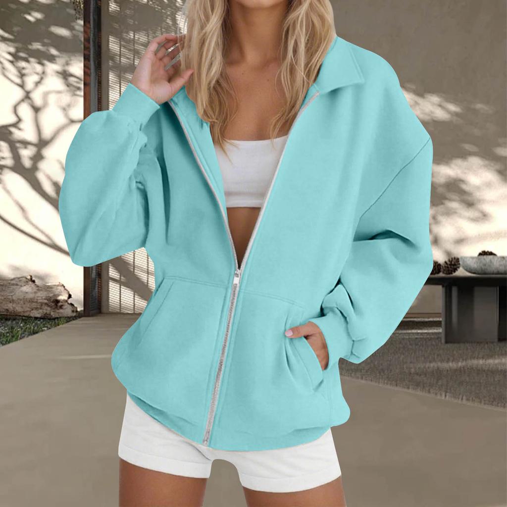 Women's  Fashion Zipper Hoodie Long Sleeve Hooded Pullover Sweatshirt Casual Solid Color Tops With Pockets