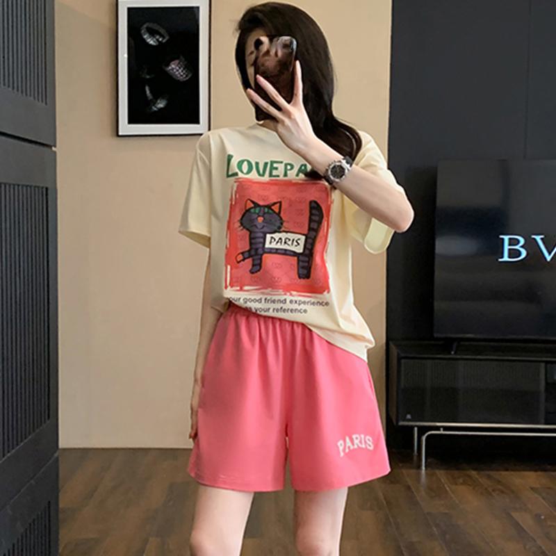 Academic style Casual sports suits for women summer Korean cartoon print loose short-sleeved t shirt and shorts y2k Running two-piece set young girl