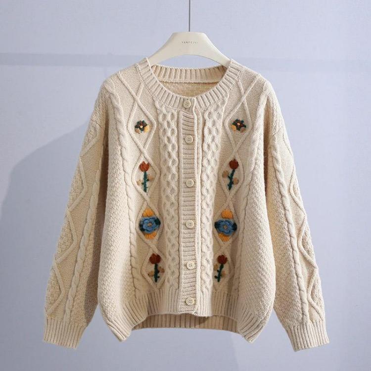 

Vintage Embroidery Cardigan Sweater Coat for Women Thickened Loose Long Sleeve Autumn Winter Fashion M бежевый