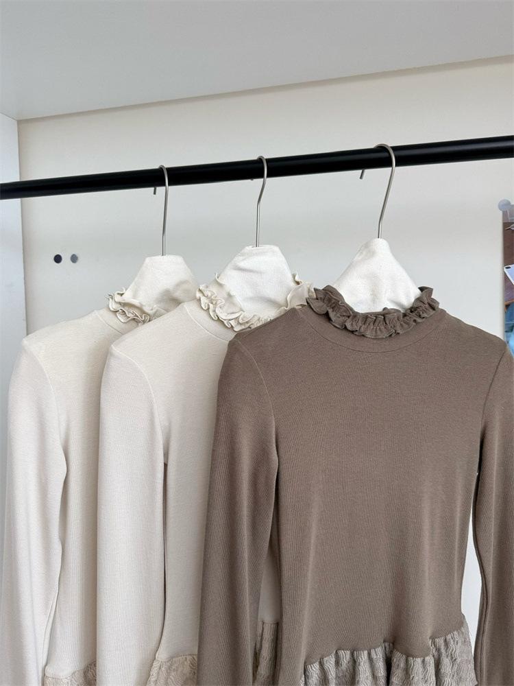 Women's Winter 2025 Solid Color Lace Collar Double-Layer Long-Sleeve Top