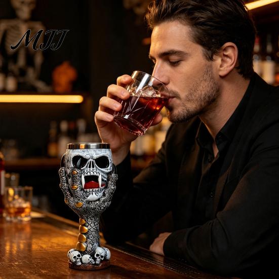 Dark Style Barware Horrible Resin Stainless Steel Skull Goblet, Retro Skeletal Wine Gothic Collectible Skeleton Mug Cocktail Glasses, Vintage