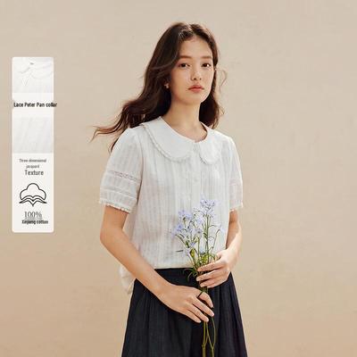 INMAN Damen Xinjiang-Baumwolle Jacquard Spitzenbesatz Kurzarmhemd