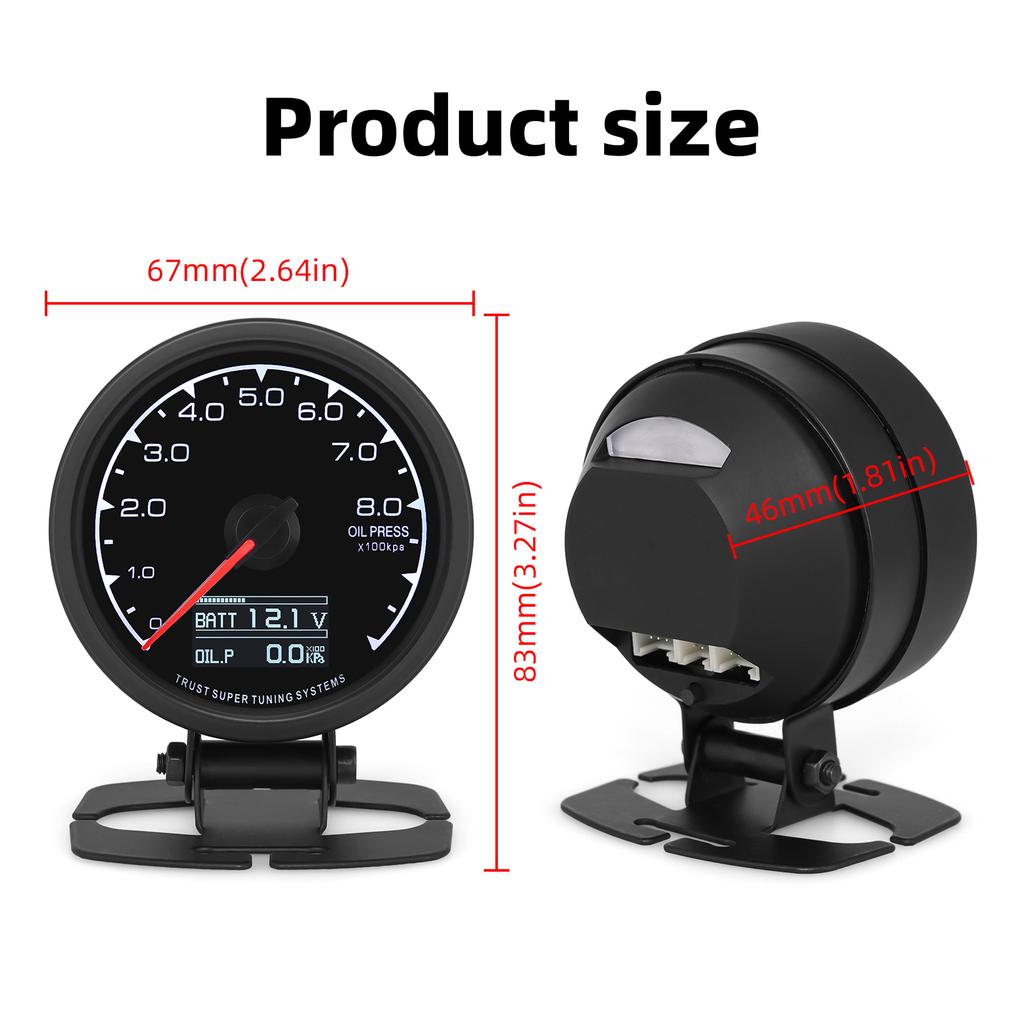 62mm Boost Gauge Water Oil Temp 7 Colors LCD Display Turbo Oil Pressure RPM Tachometer Voltmeter Racing Meter Vacuum Racing Mete