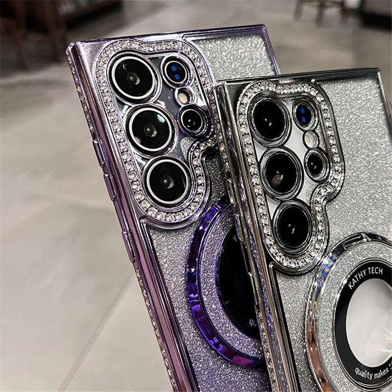 Etui z Platerowanym Brokatowym Diamentowym Magnetycznym Uchwytem do Samsung Galaxy S26 S25 Ultra S23 S22 Plus A55 A35 A25 A24 A15 Przezroczyste Miękkie Pokrowiec