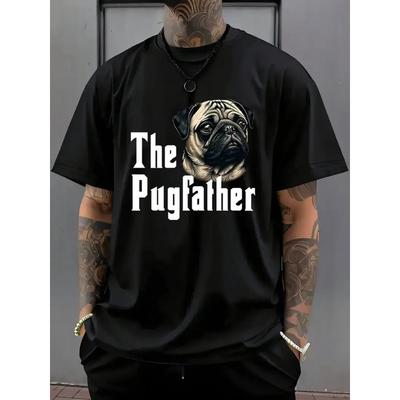 European Sizes Men's Funny Pug Dog 'The Pugfather' T-Shirt Oversized Loose Fit Casual Tee with Pug Print, All-Season